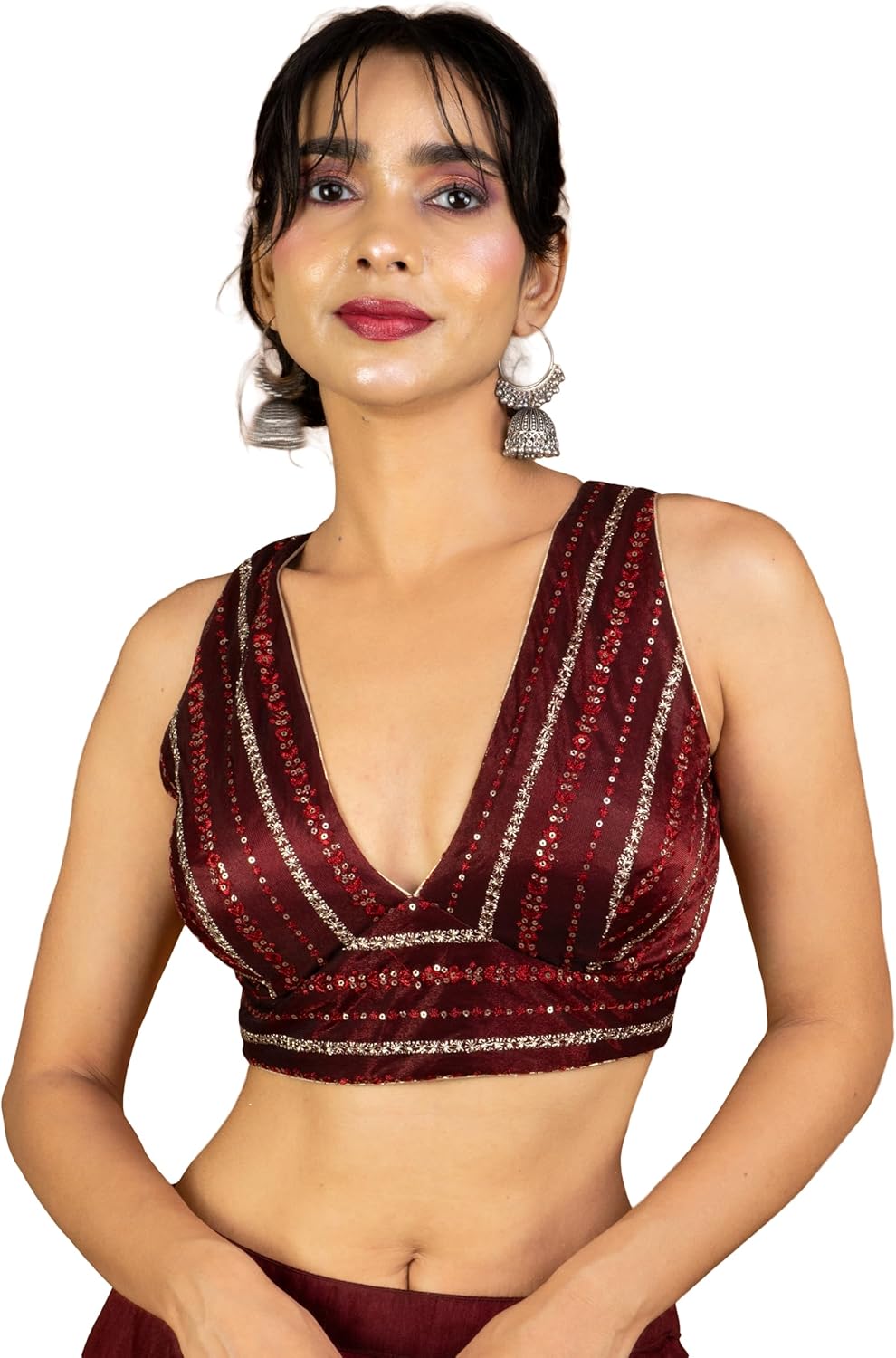 FIGURE’S DESIGNER Women’s Sequin Embroidered SabyaSachi Cut V Neck Sleeveless Readymade Saree Blouse E24