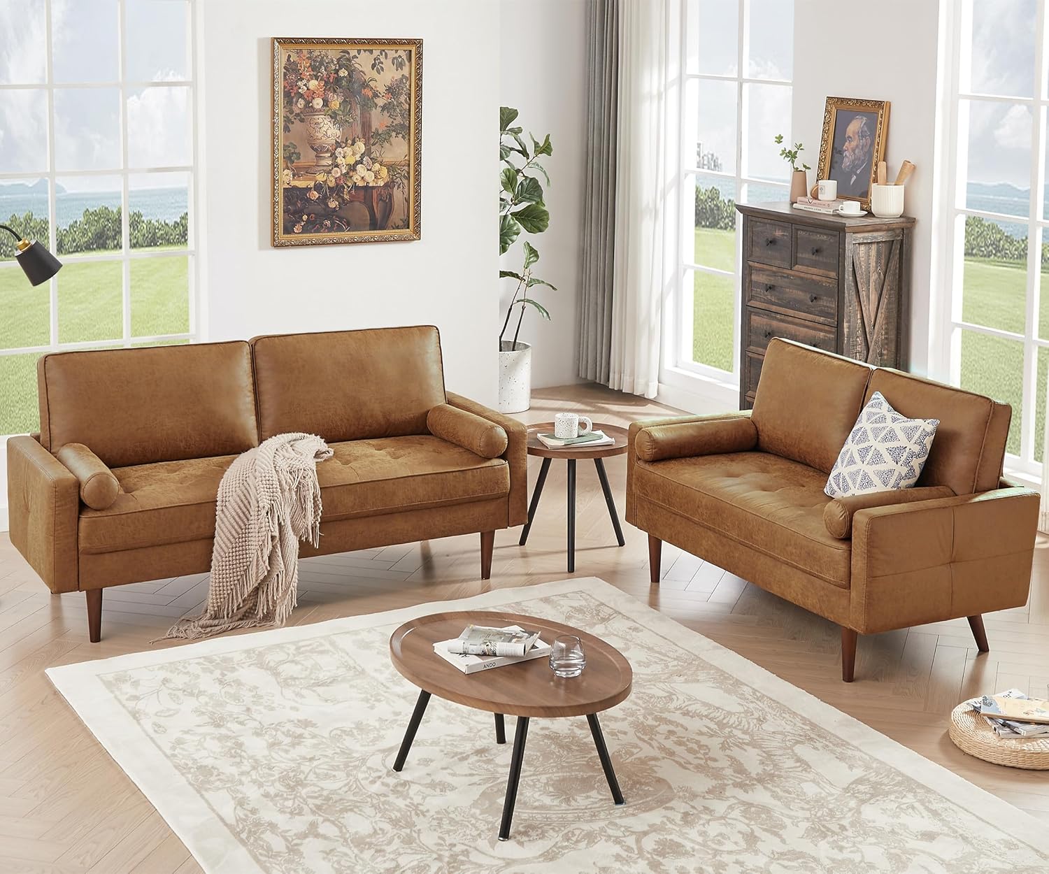 HIFIT Sectional Couches Set for Living Room, 68” Mid Century Modern Faux Leather Sofa Couch w/Tufted Deep Love Seat & 2 Pillow, Home Sofa Living Room Small Couch for Bedroom, Office, Apartment, Brown