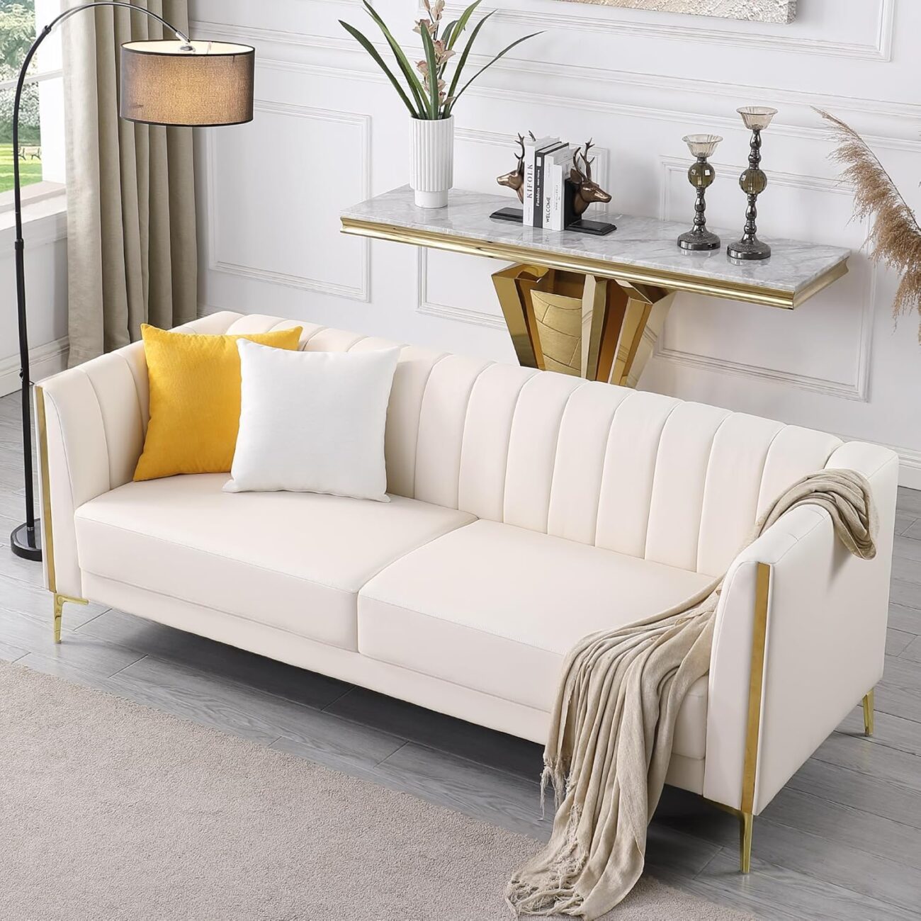 FOTOSOK White Leather Couch Sofa, Office Couches 78” Apartment Faux Leather Sofa with 2 Throw Pillows & Gold Metal Legs, Waterproof 3 Seater Couches for Small Living Room, Luxury Cloud Sofa
