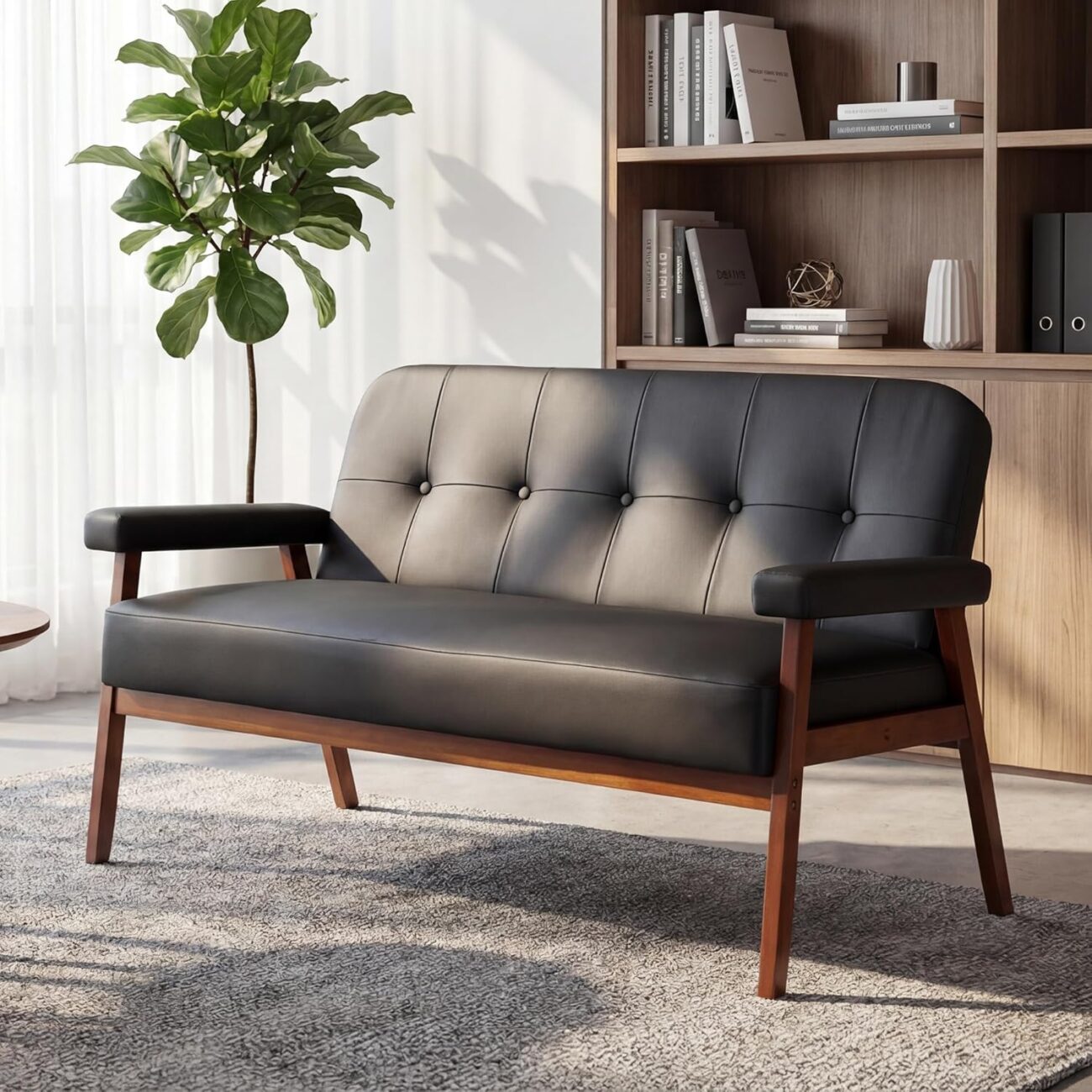 STHOUYN 50”W Black Faux Leather Small Office Couch Loveseat Sofa with Wood Arms, Mid Century Modern Love Seat Sofas Lounge Armchair Living Room Bedroom (Black (loveseat))