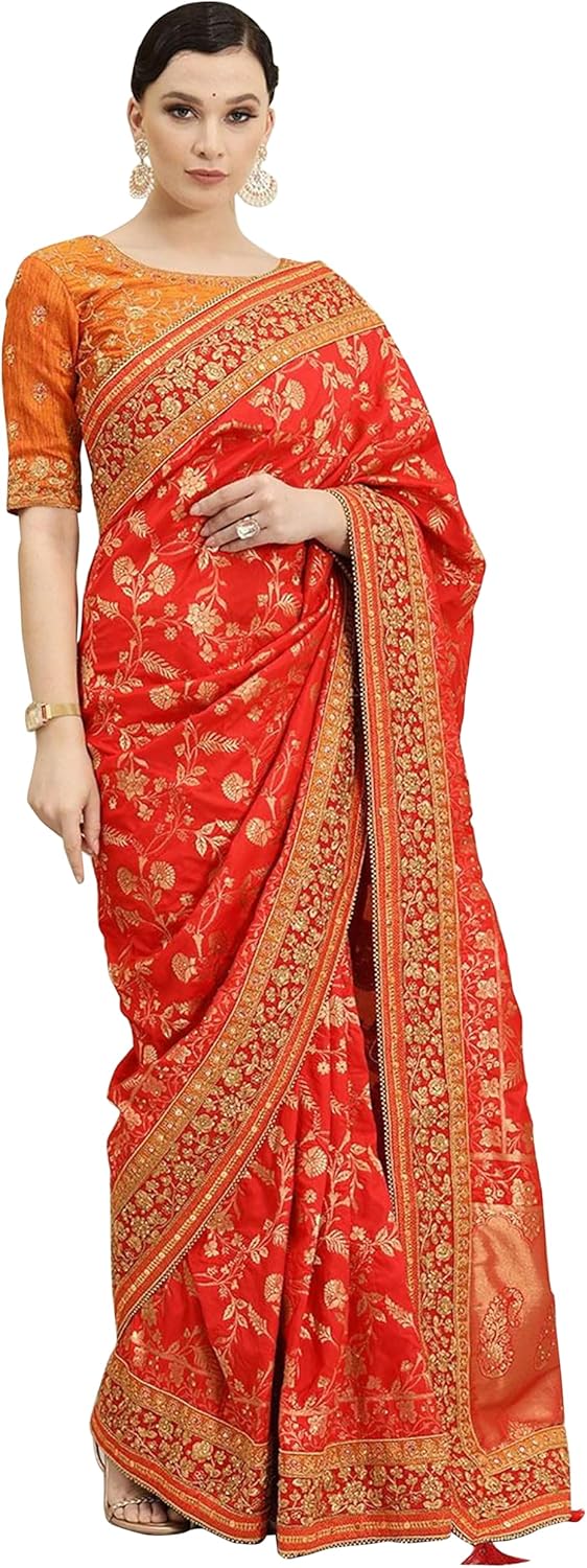TRENDMALLS Women’s Pure Silk Embroidery Work Saree with Unstitch Blouse Piece