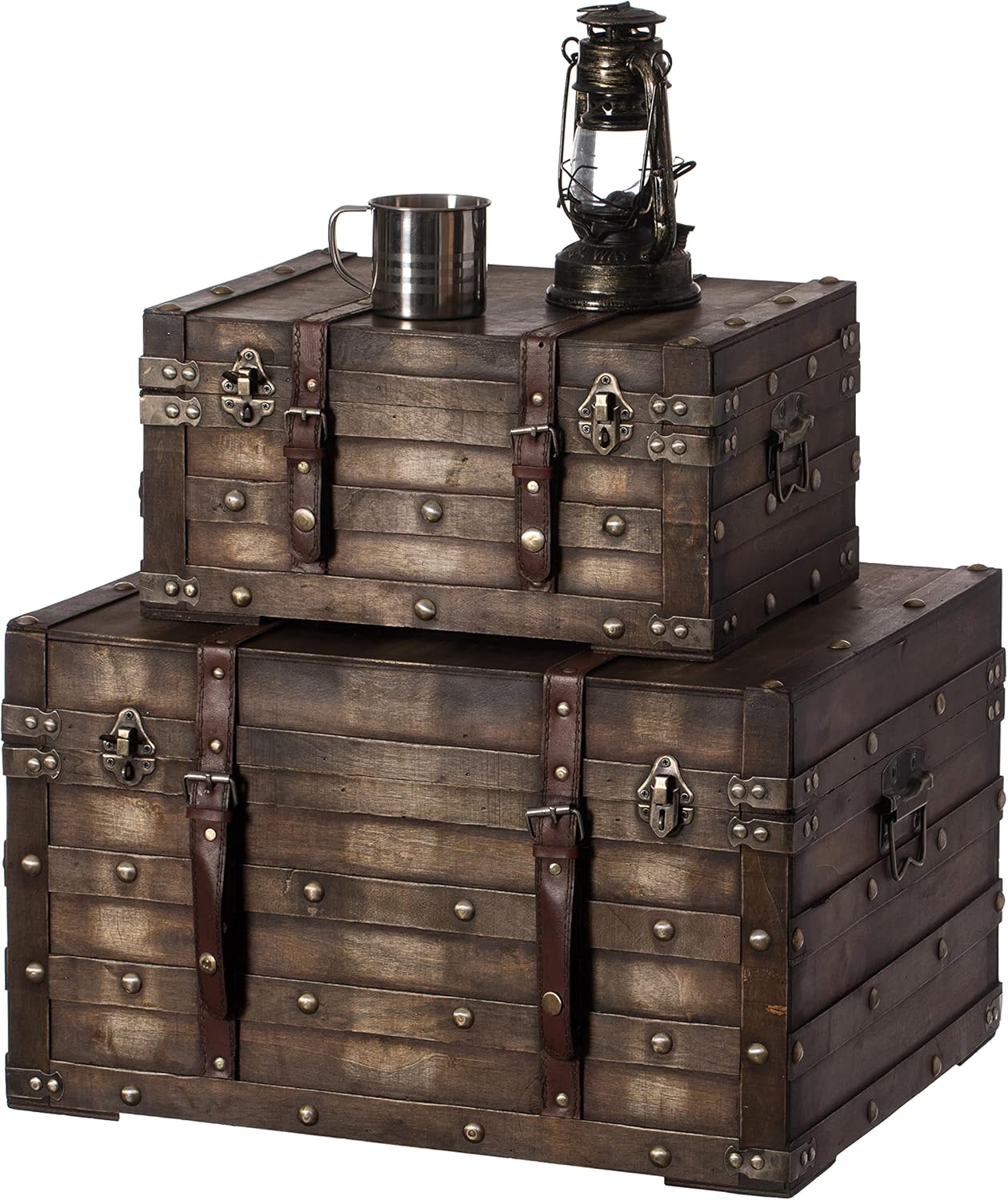 Vintiquewise Wooden Brown Storage Trunk with Faux Leather Straps and Handles, Set of 2