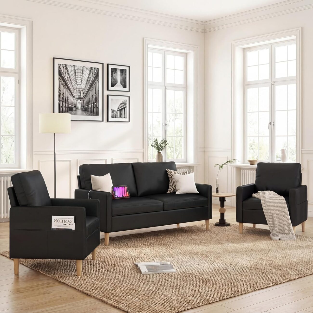 TYBOATLE 66″ Black Faux Leather Sofa Couches w/USB, 3 Piece Living Room Set, Mid-Century Modern Loveseat 2 Seater Office Small Couch Love Seat for Small Space, Bedroom, Apartment