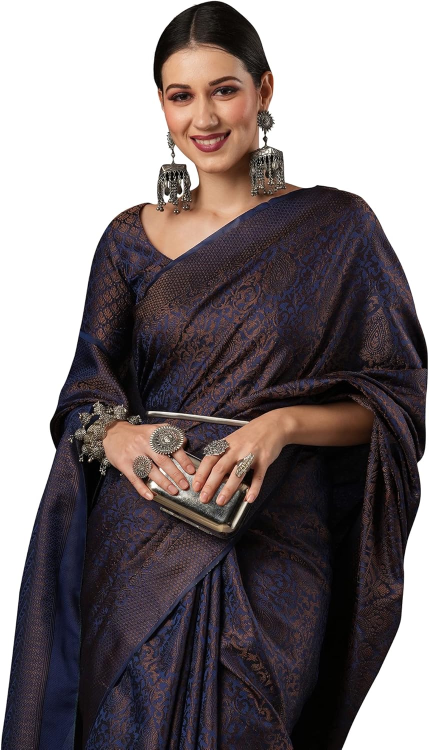 Indian Women’s Navy Blue Woven Design Banarasi Silk Saree with Unstitched Blouse Piece (SOHNA2001_Parent)
