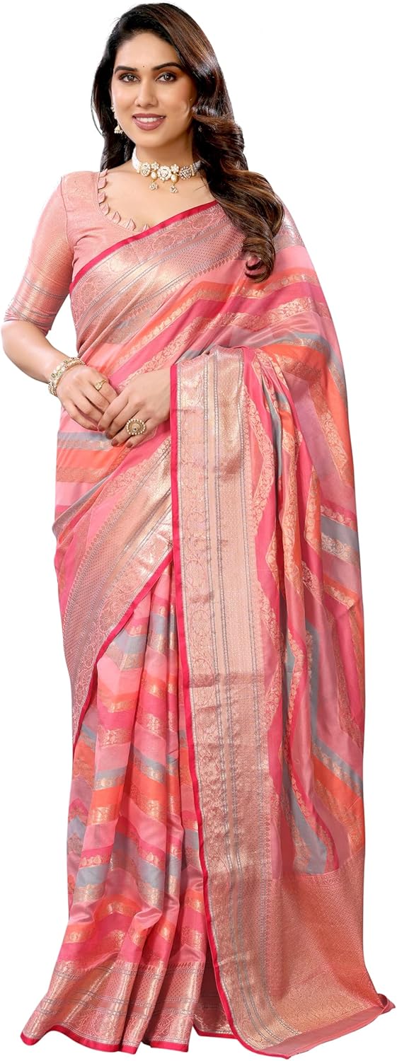 Women’s Organza Golden Zari Jacquard Boarder & Pallu ZigZag Saree With Unstitched Blouse Piece (Maharani)