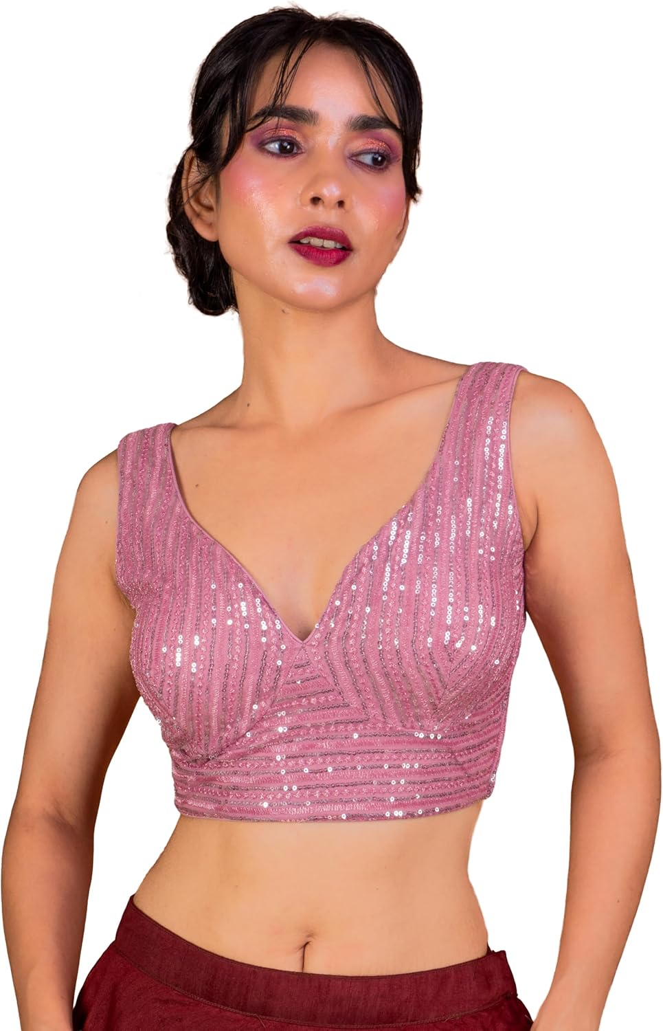 FIGURE’S DESIGNER Women’s Sequin Embroidered SabyaSachi Cut Sweetheart V Neck Sleeveless Readymade Saree Blouse E30