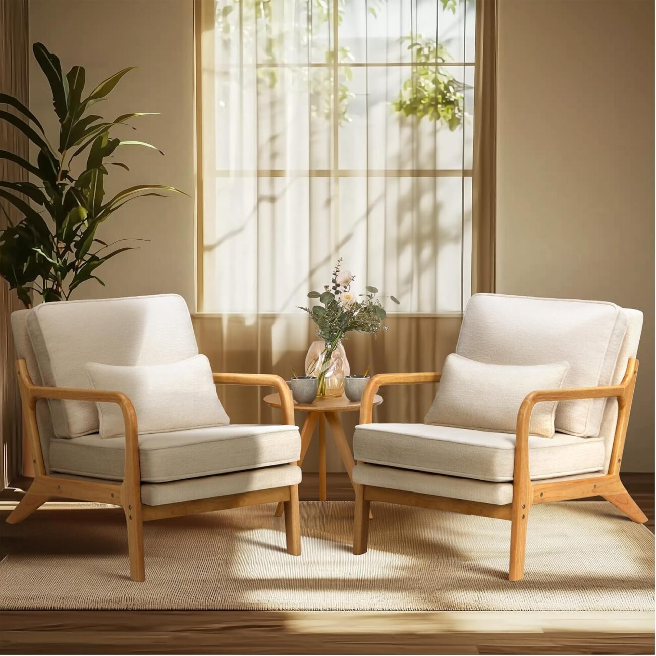 COLAMY Mid Century Modern Accent Chair Set of 2 with Lumbar Pillow, Relaxing Armchair with Solid Wood Frame & Soft Cushion, Reading Leisure Chair for Living Room（Beige）