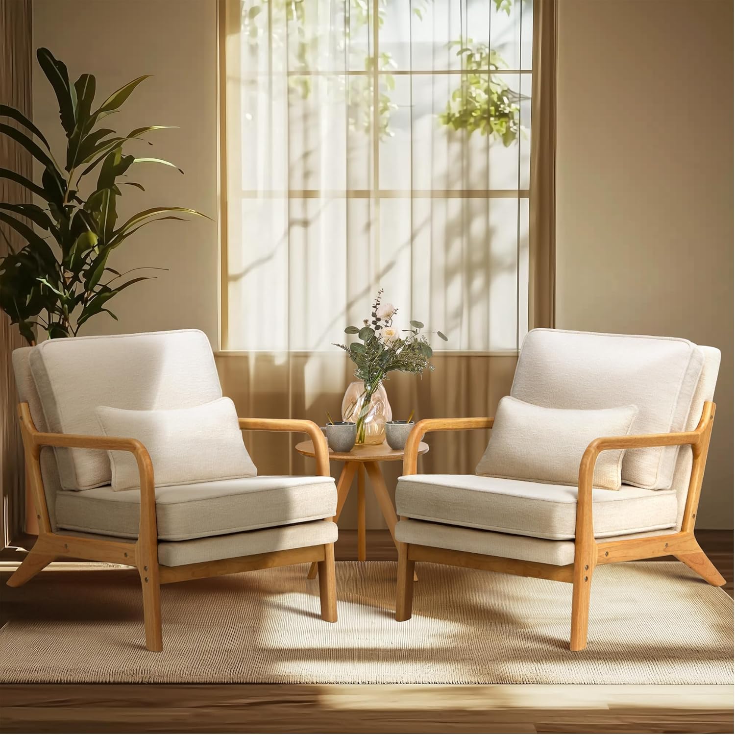 COLAMY Mid Century Modern Accent Chair Set of 2 with Lumbar Pillow, Relaxing Armchair with Solid Wood Frame & Soft Cushion, Reading Leisure Chair for Living Room（Beige）