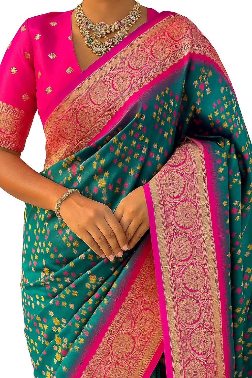 Women’s Traditional Banarasi Silk Saree–Teal Green with Pink Border, Golden Zari Weaving & Ustitched Blouse Piece