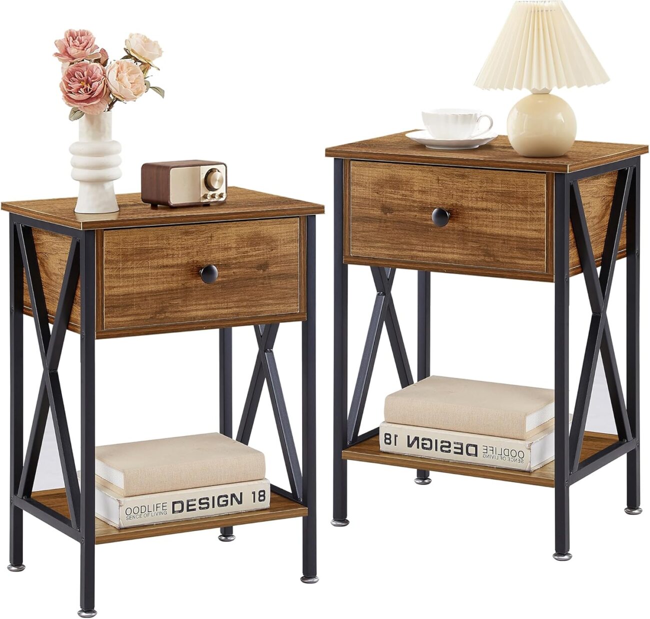 VECELO Nightstands Set of 2, Modern Bedside End Tables, Night Stands with Drawer and Storage Shelf for Living Room Bedroom, Industrial Metal Frame