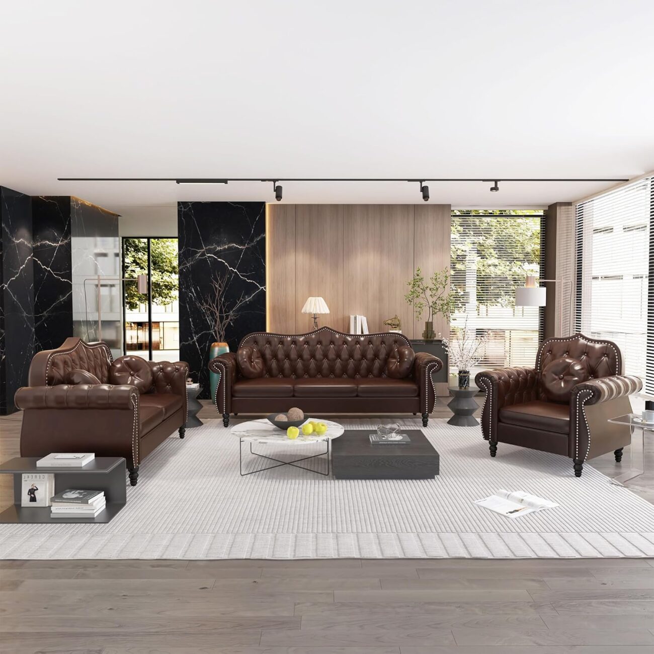AVZEAR Chesterfield 3-Piece Living Room Sectional Sofa Set, Mid-Century Modern Upholstered PU Couch, Classic Tufted Button Sofa with Nailhead Trim for Living Room, Office (Brown)