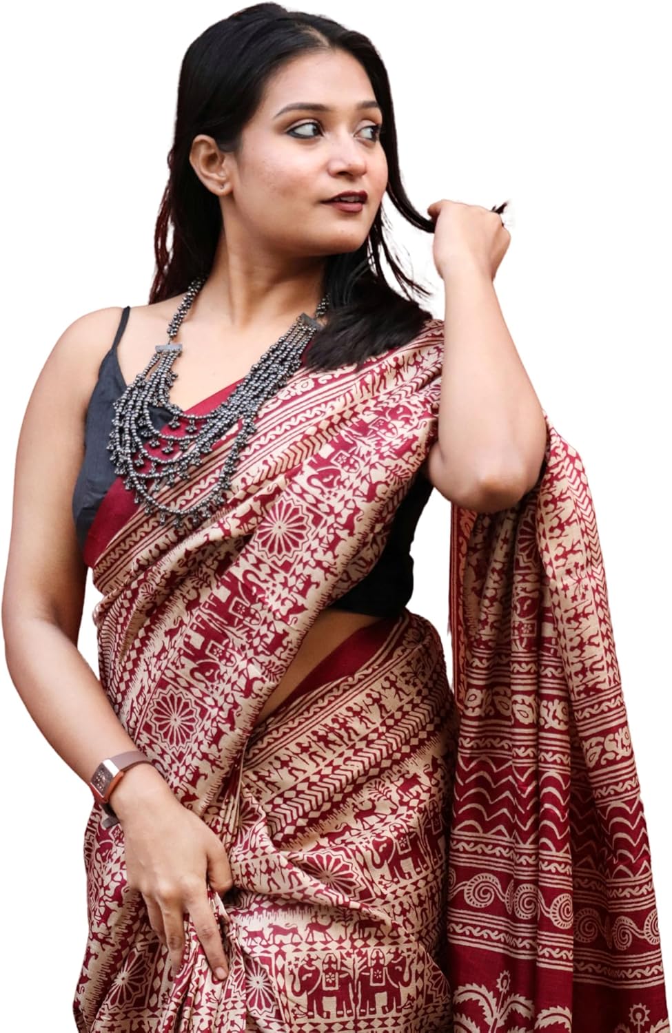 Women’s Silk Cotton Kalamkari Print Saree With Blouse Piece (EJ1201-Chitra-Maroon_Maroon)