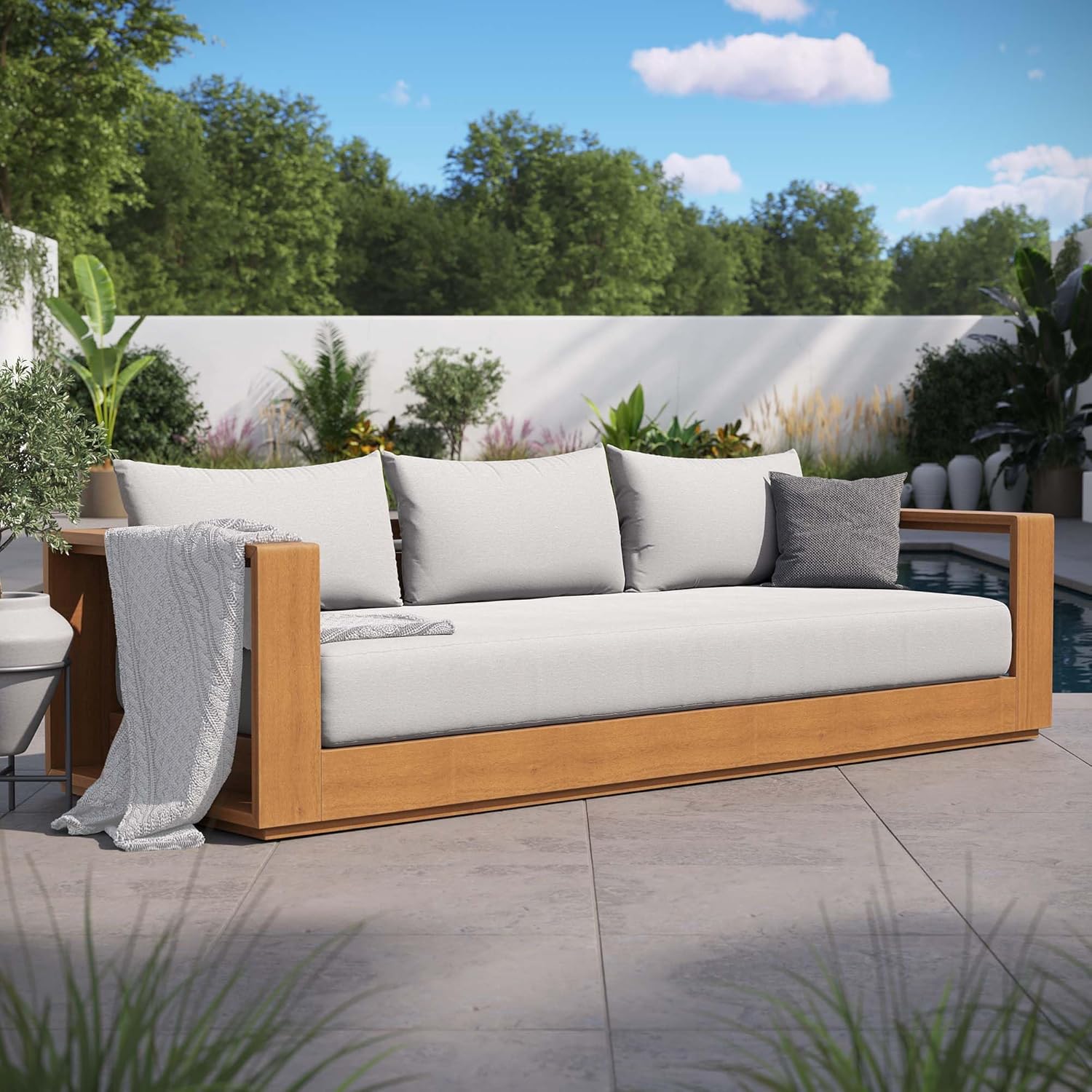 Modway Tahoe Acacia Wood Outdoor Patio Sofa in Natural Light Gray with Weather-Resistant Cushions – Ideal as a Porch Couch or Sunroom Sofa