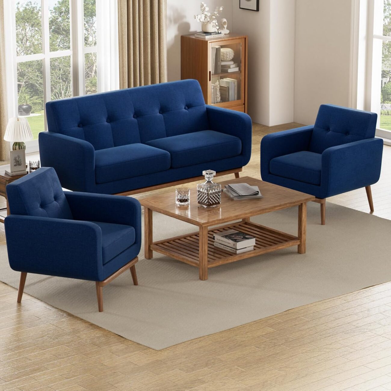 HUIMO Living Room Set, Button Tufted Living Room Furniture Sets, Upholstered Modern Couch Set with Solid Frame, Sofa Set for Living Room (Dark Blue, 3 Piece Set-1*loveseat+2*Chair)