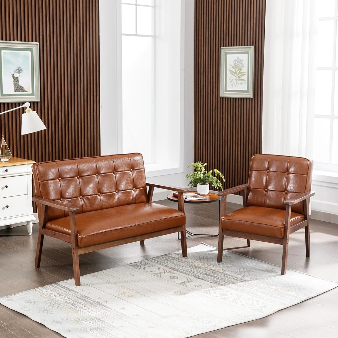 Okeysen Modern Loveseat Sofa Set,Upholstered Leather Couch Love Seats 2-Seat & Accent Chair,Living Room Furniture Sets,Small Couches for Small Spaces Living Room,Apartment,Office(Brown)