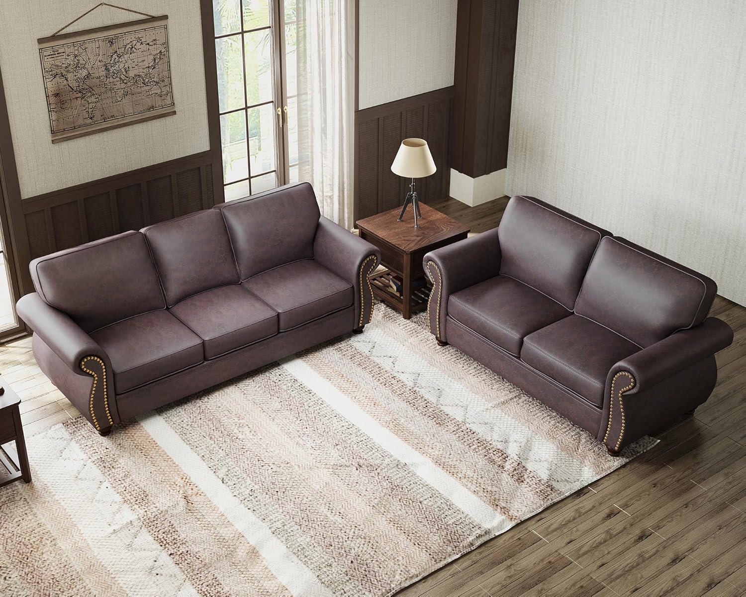 Rivet Couch,Living Room Sets,Mid-Century Couch, Solid Wooden Frame for Living Room,Vintage Couches (Brown, Loveseat+3 Seater)