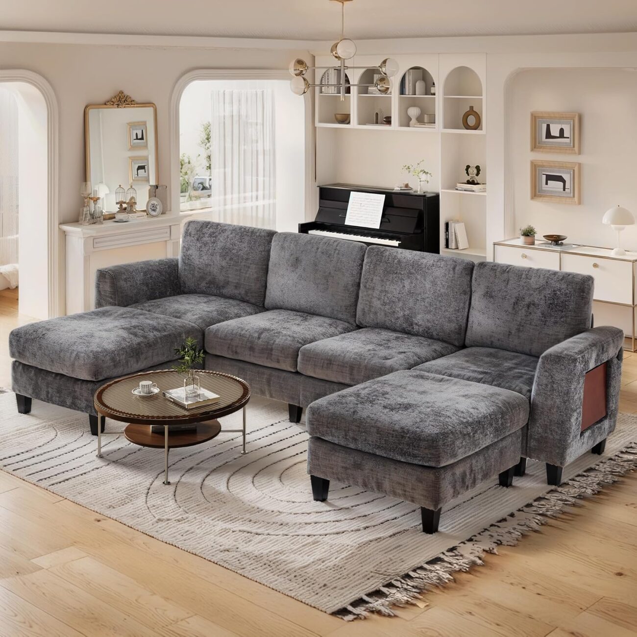 118″ Sectional U-Shaped Cloud Couch, Modular Modern 4-Seat Sofa, with USB Type C Ports, Foldable Side Table and 2 Ottomans, for Home Living Room, Grey