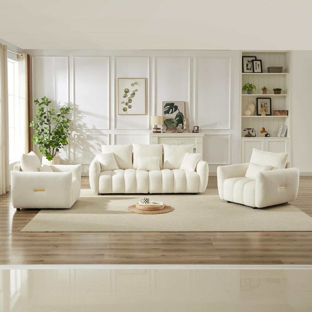 3 Seater Sofa with 2 Armchairs, Modern Teddy Fabric Sofa Set, 5-Seater Living Room Couch with Wooden Frame and 5 Cushions, Beige