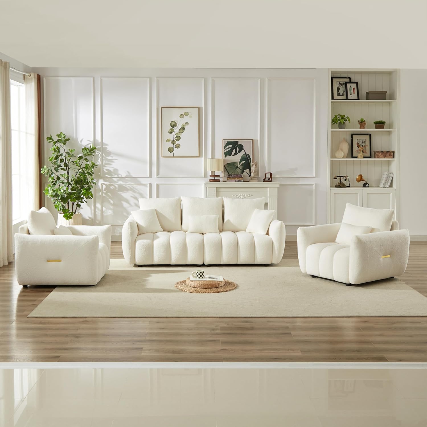 3 Seater Sofa with 2 Armchairs, Modern Teddy Fabric Sofa Set, 5-Seater Living Room Couch with Wooden Frame and 5 Cushions, Beige