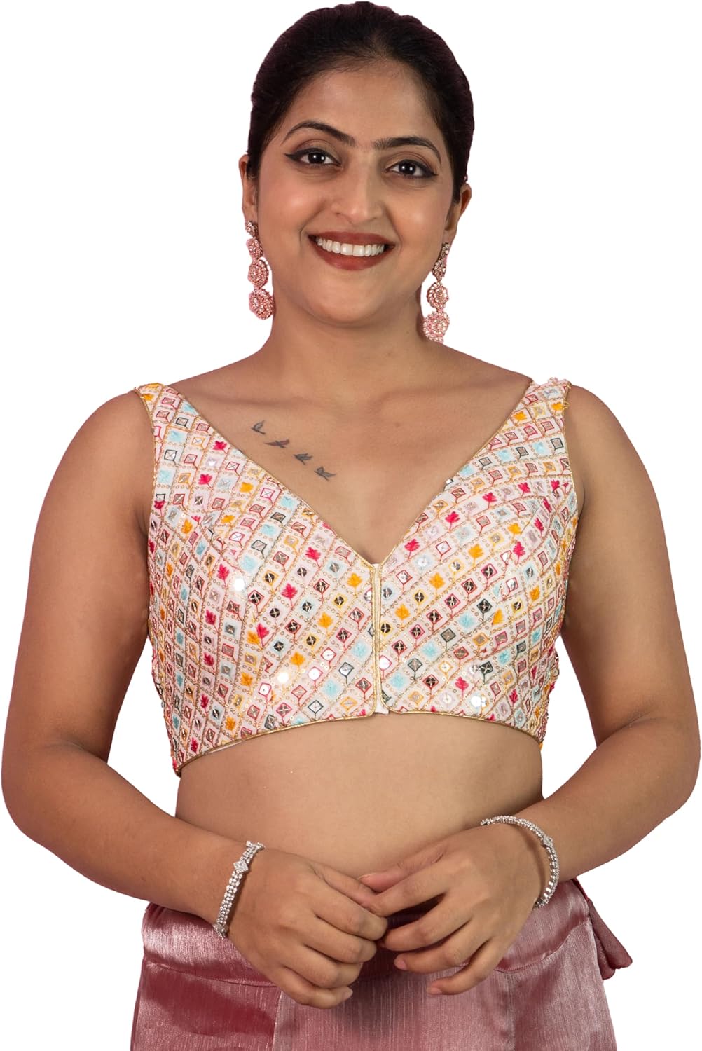 FIGURE’S DESIGNER Women’s Sequin Embroidered Designer Multicolor Mirror Work V Neck Sleeveless Readymade Saree Blouse E4