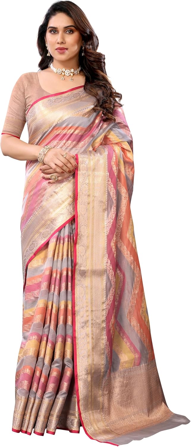 Women’s Organza Golden Zari Jacquard Boarder & Pallu ZigZag Saree With Unstitched Blouse Piece (Maharani)