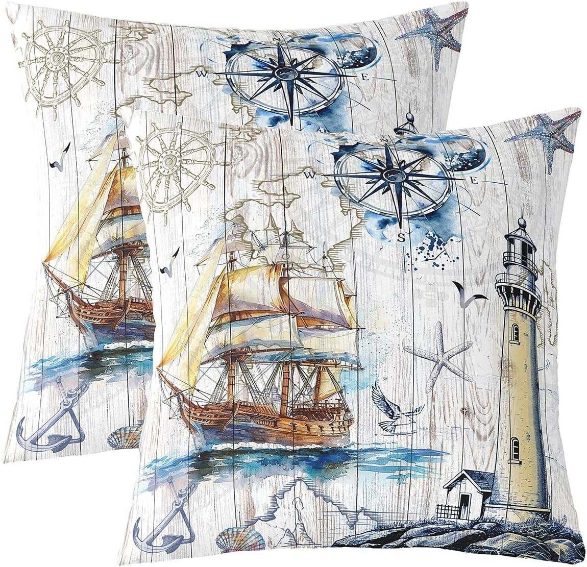 Feelyou Sailboat Throw Pillow Covers 18″x18″ Set of 2 Anchor Decor Decorative Pillowcase for Sofa Couch Wooden Compass Print Cushion Cover Ocean Voyage Outdoor Pillows Covers Sea Adventure