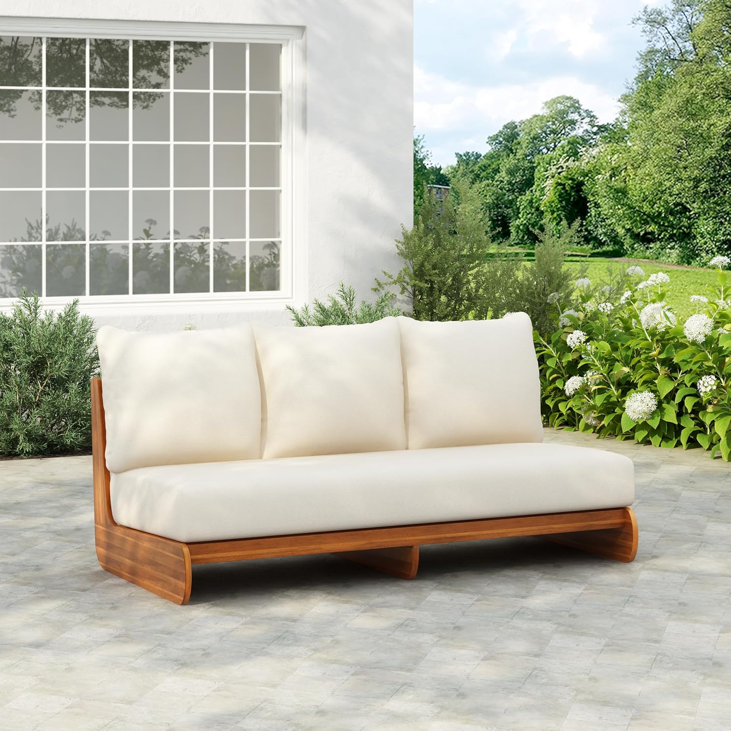 Christopher Knight Home Poppy Acacia Wood Outdoor 3 Seater Sofa with Cushion, Wooden Patio Sofa Couch with Cushion, Comfy Armless Cloud Sofa Couch, Patio Furniture Sofa Set, Teak+Beige