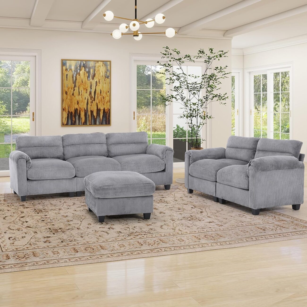 Corduroy Sofa Set, Upholstered Ottoman, Loveseat, and 3-Seater Couch with Plush Cushions and Rolled Arms, Modern Living Room Furniture Sets,Grey