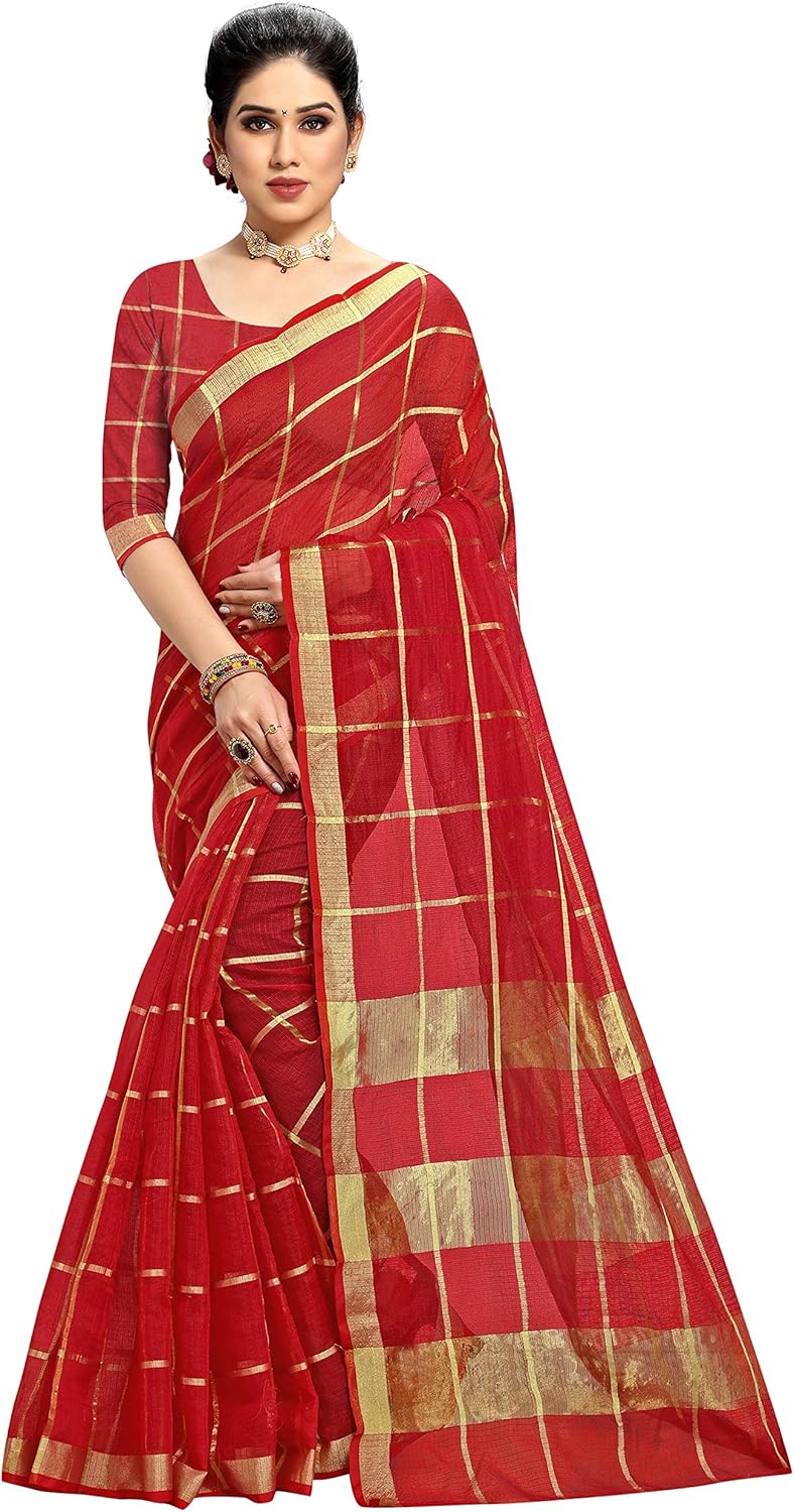 Women’s Kota Doria Pure Cotton Saree With Unstiched Blouse Piece