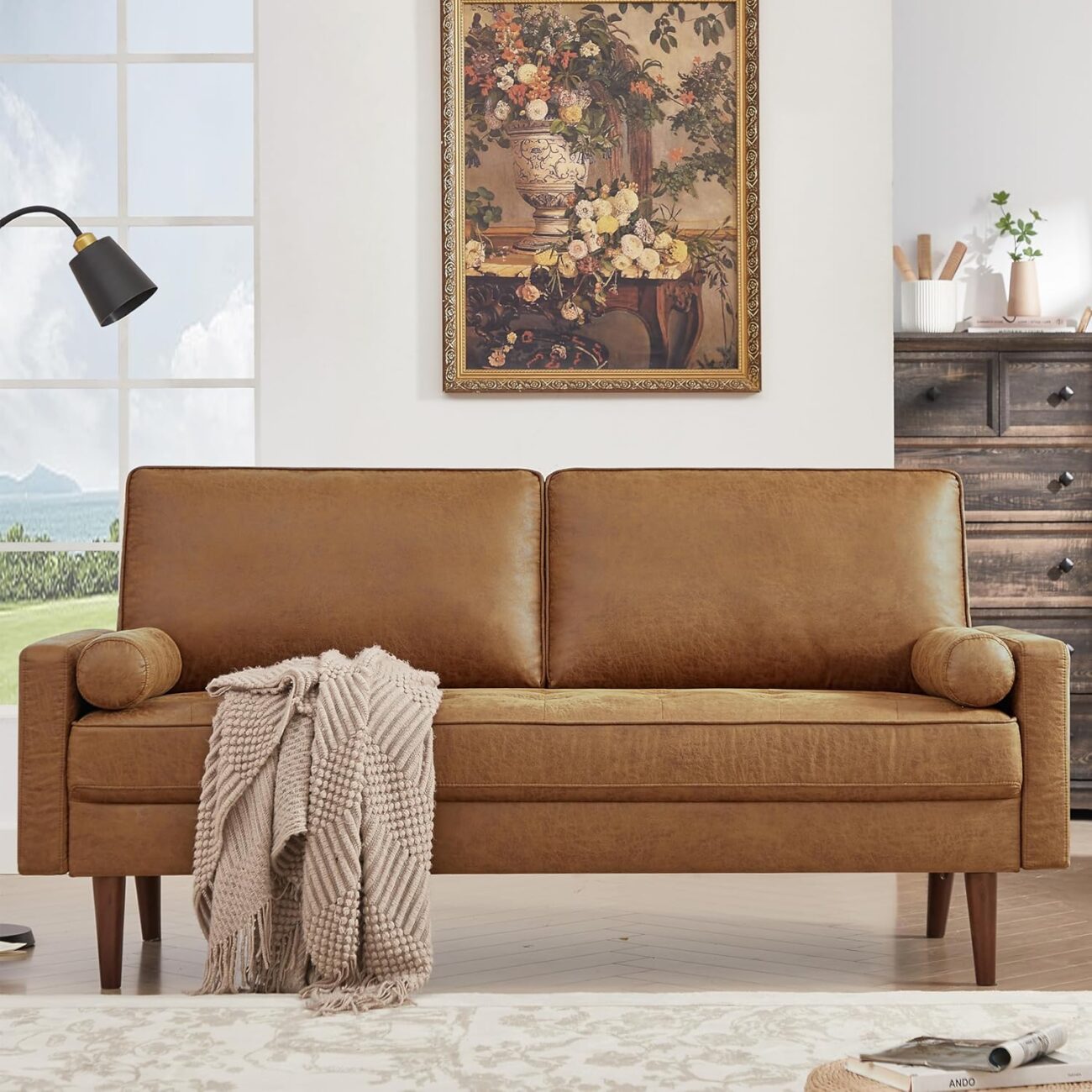 HIFIT 68″ Faux Leather Couch Mid Century Modern Sofa Couch w/Tufted Deep Love Seat, 2 Pillows & Solid Wood Frame, Home Sofa Living Room Small Couches for Small Space, Bedroom, Office, Apartment, Brown