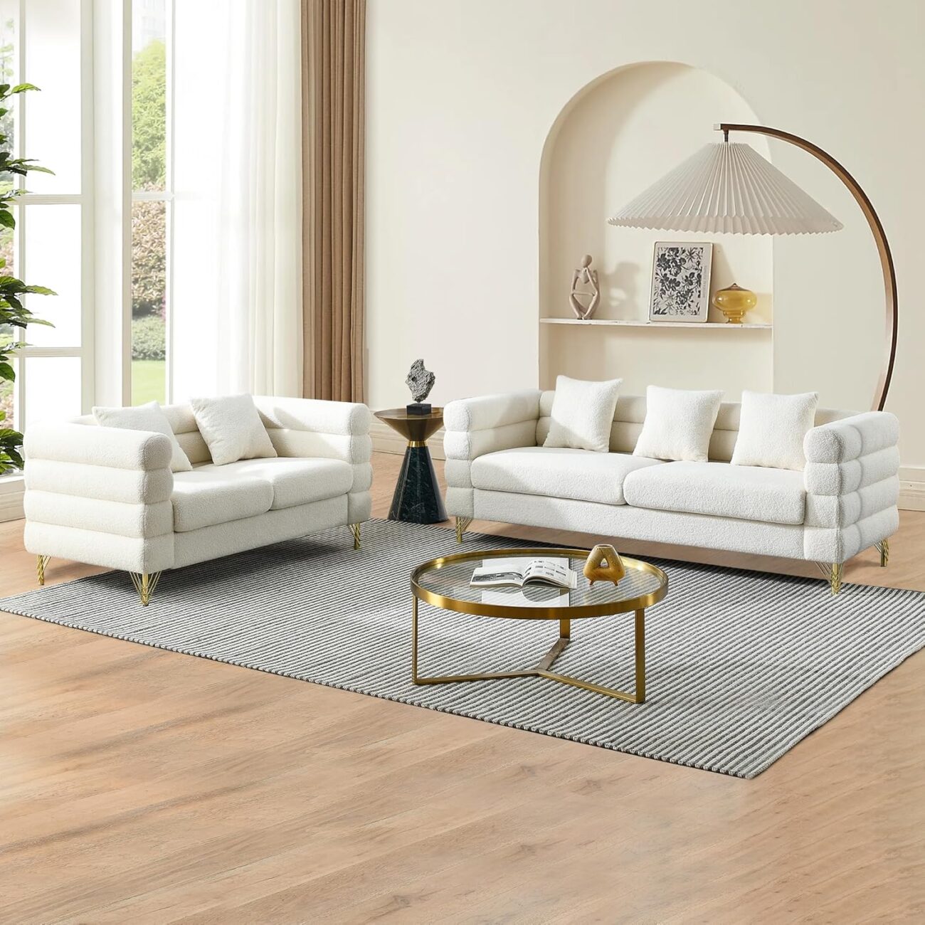 mikibama Luxury Teddy Sofa Set for Living Room, Modern Decor Furniture Sectional Sofa, 3 Seater Couch and Loveseat with 5 Pillows for Apartment, Office, Hall (White)