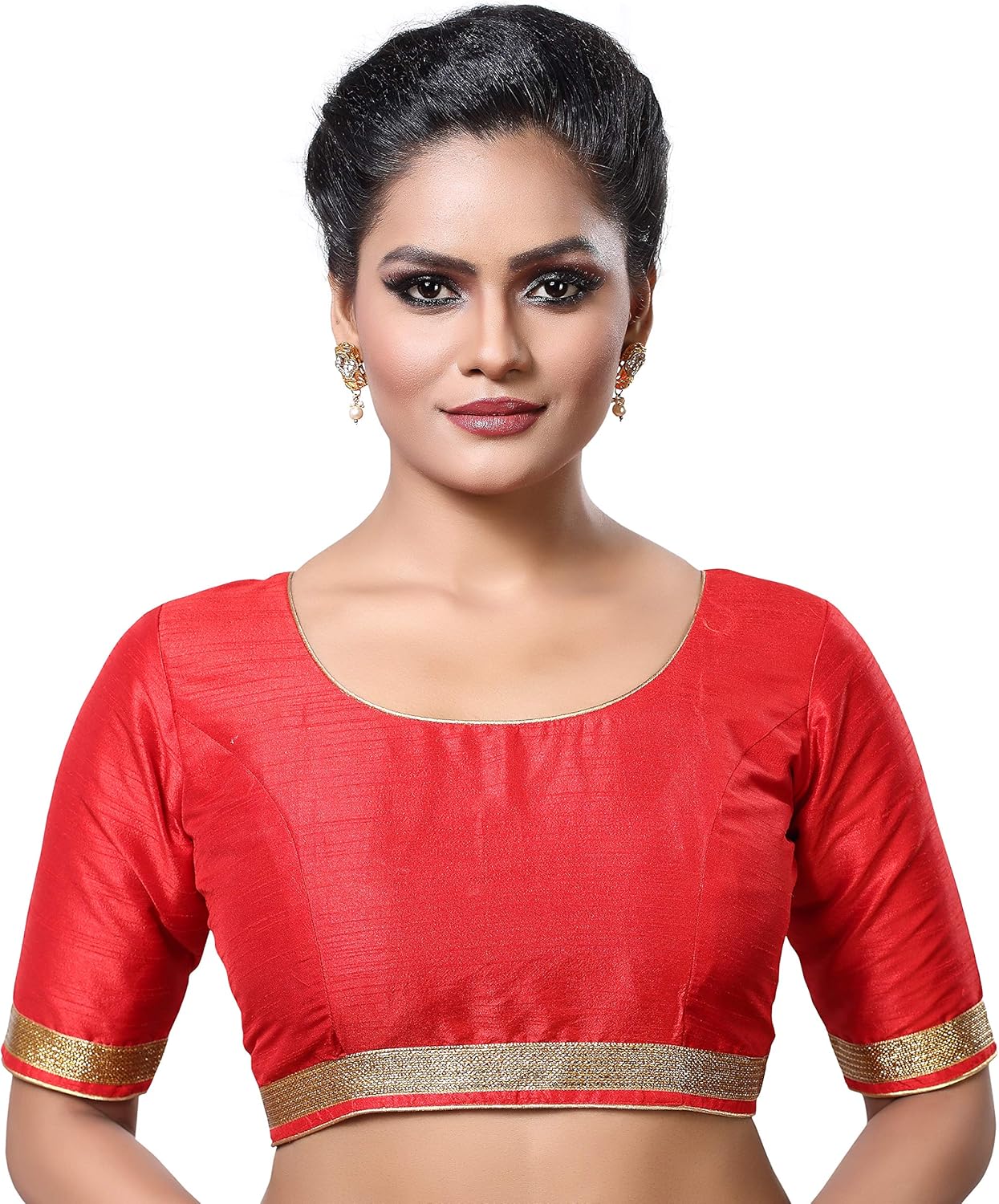 Womens Raw Silk Elbow Length Sleeves Readymade Saree Blouse