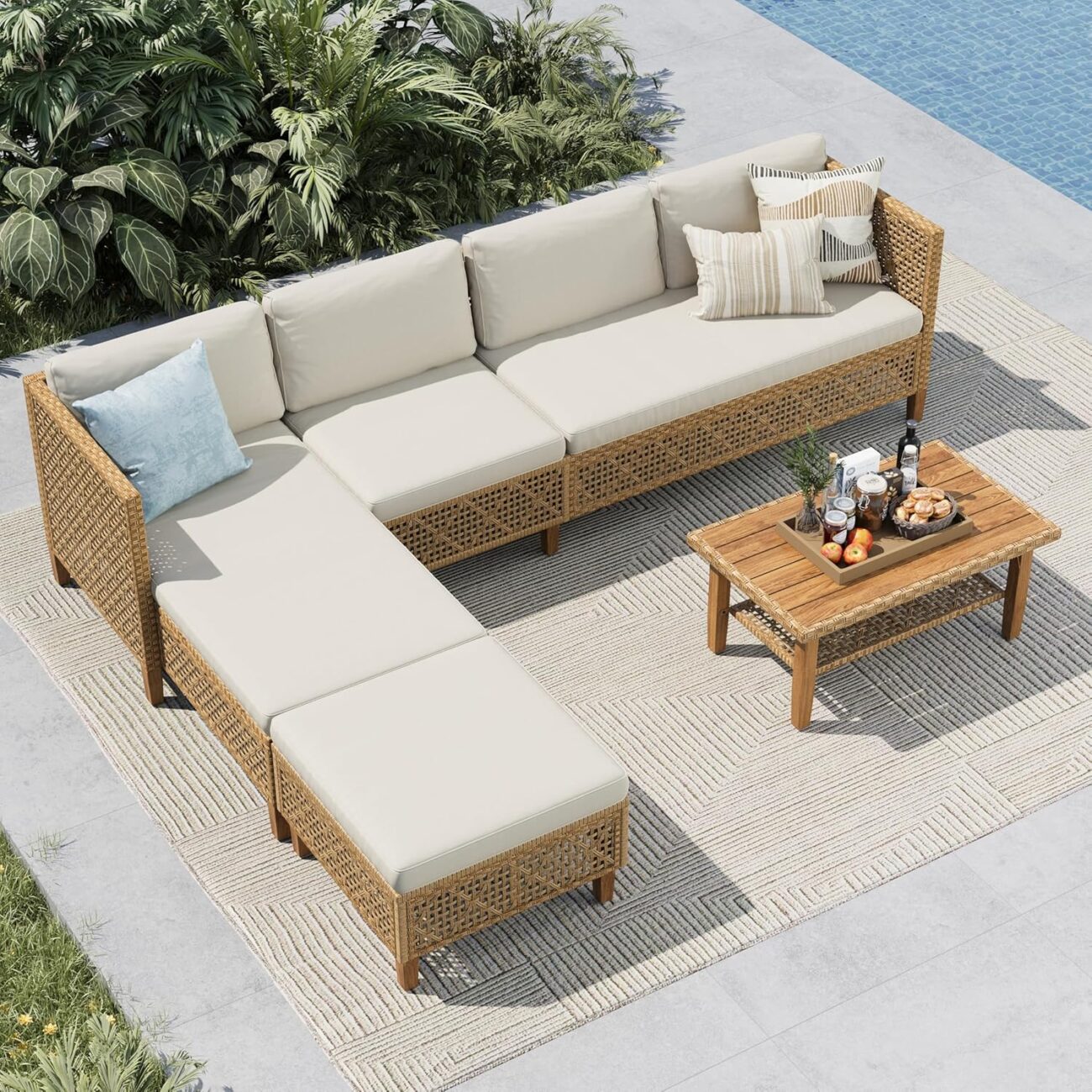 MFSTUDIO Wicker Patio Furniture Set, Rattan Outdoor Couch Sectional Sofa, 5 Pieces Patio Conversation Set with Acacia Wood Coffee Table, Outdoor Rattan Furniture Set for Garden or Balcony, Beige