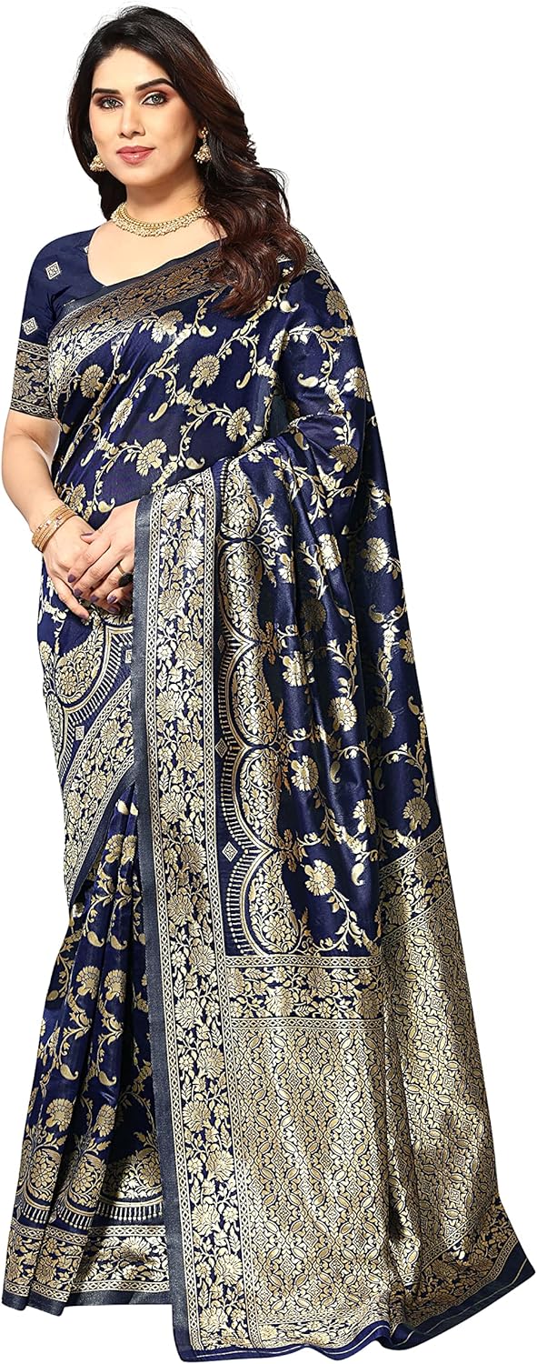 Women’s Kanjivaram Banarasi Jacquard Silk Saree With Blouse Piece (Free Size)