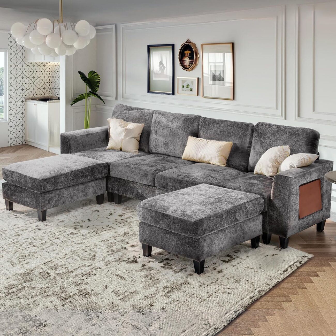 COLAMY 118″ Modular Sectional Cloud Couch, Midcentury Modern 4-Seat U-Shaped Sofa, with USB Type C Ports, Foldable Side Table and 2 Ottomans, for Home Living Room, Grey