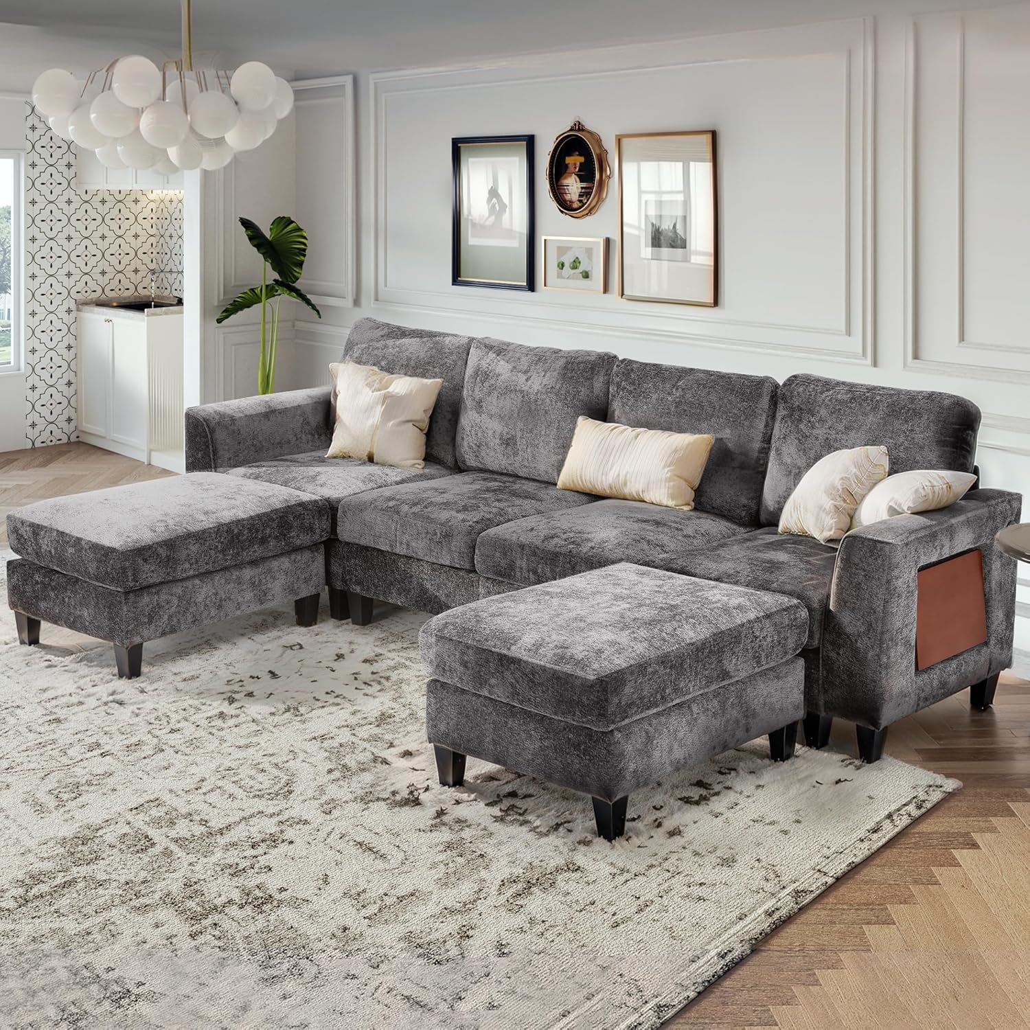 COLAMY 118″ Modular Sectional Cloud Couch, Midcentury Modern 4-Seat U-Shaped Sofa, with USB Type C Ports, Foldable Side Table and 2 Ottomans, for Home Living Room, Grey
