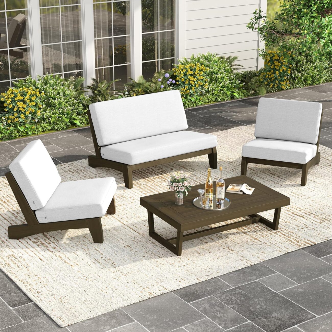 UIXE Wood Patio Furniture Sets, 4 Pieces All Weather Outdoor Sectional Futniture Patio Sofa Chair Backyard Conversation Set with Solid Wooden Coffee Table – Beige