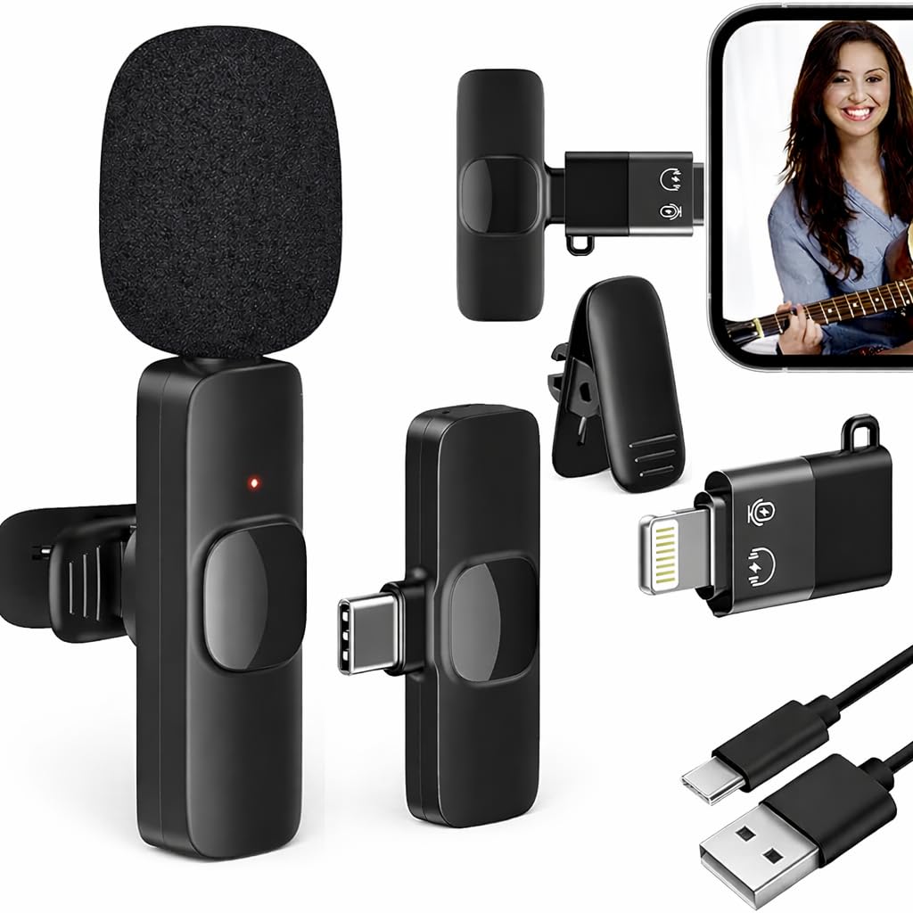 K8 Wireless Microphone Bluetooth Collar Microphone for Type-C Android, Noise Canceling Mic for Vlogging, Clip-On for YouTube, Singing, Video Recording, Podcasting