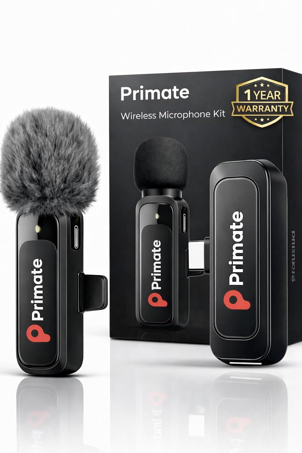 Primate Wireless Lavalier Microphone with Type-C, ClipOn Mic for Android, iPhone, Tablets Noise Reduction, Real-Time Sync, Ideal for Vlogging, YouTube, Interviews, Live Streaming