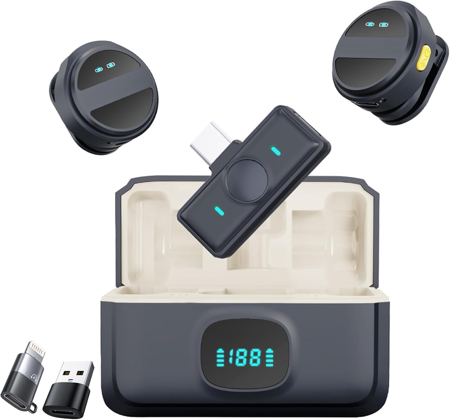 coku CK-Q8 Dual Wireless Lavalier Microphone with LED Display Case, Noise Cancelling Collar Mic for YouTube, Vlogging, Recording, Plug & Play for I-Phone, Android, Type C Devices, DSLR, & Lightning