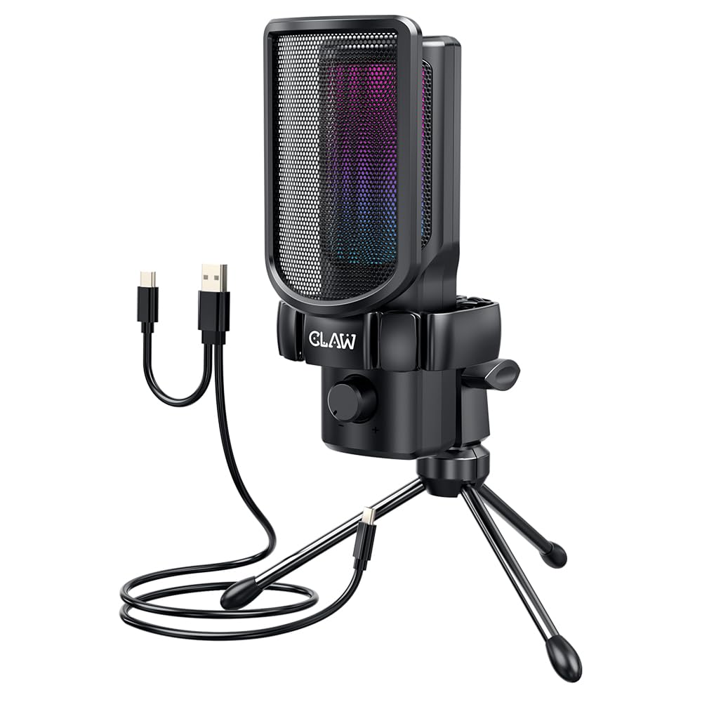 CLAW GM17 Condenser RGB Gaming Mic with Cardioid, Gain Knob, Headphone Monitoring Jack, Touch Mute, Pop Filter, Type-C for Streaming, Podcast, YouTube, Twitch, Discord – Mobile/PC/Mac/PS4/PS5/Tablet