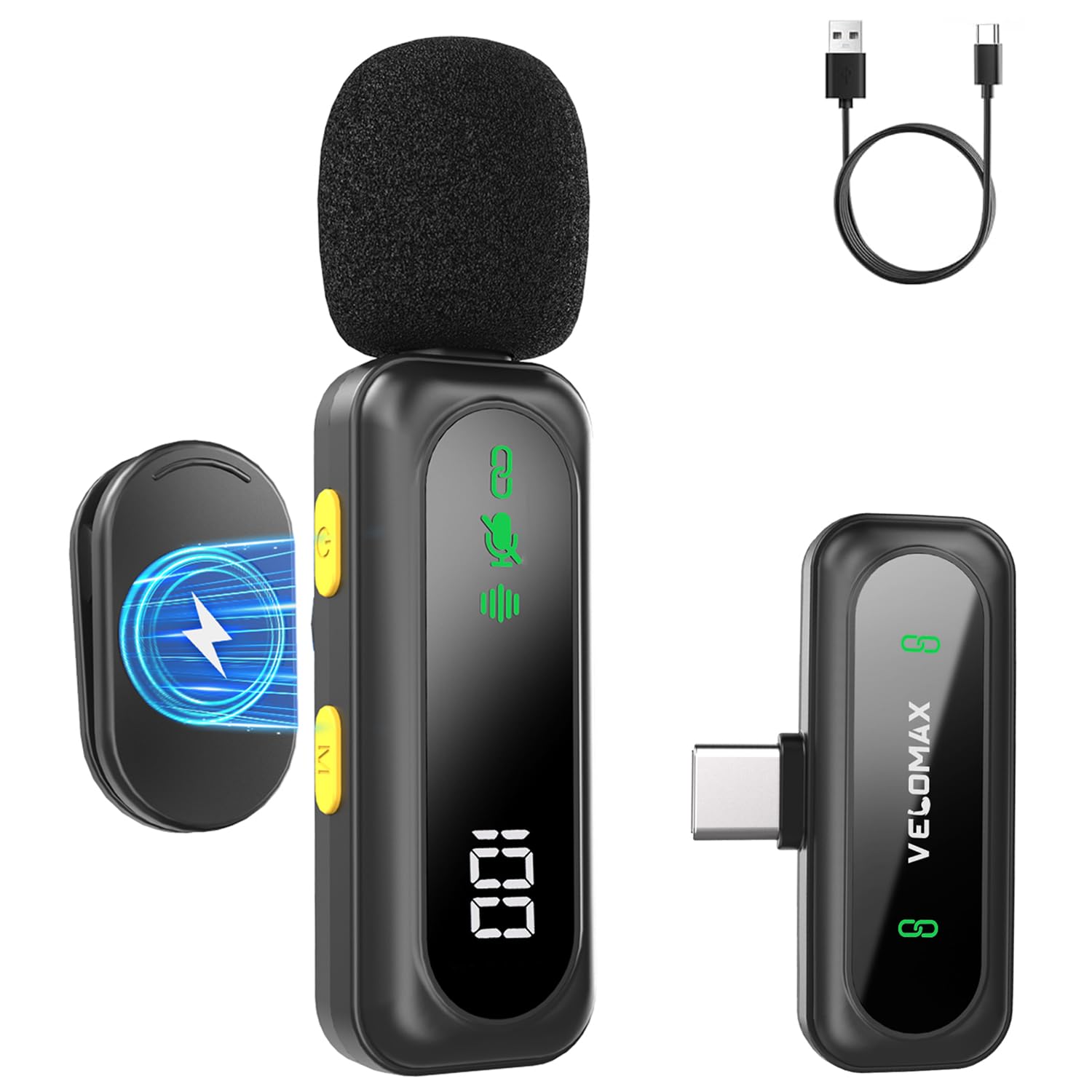 VELOMAX Mic for YouTube Wireless, Noise Reduction Magnetic Clip Wireless Microphone with LED Indicator and Battery Display for Video Recording Creators (Single Mic)