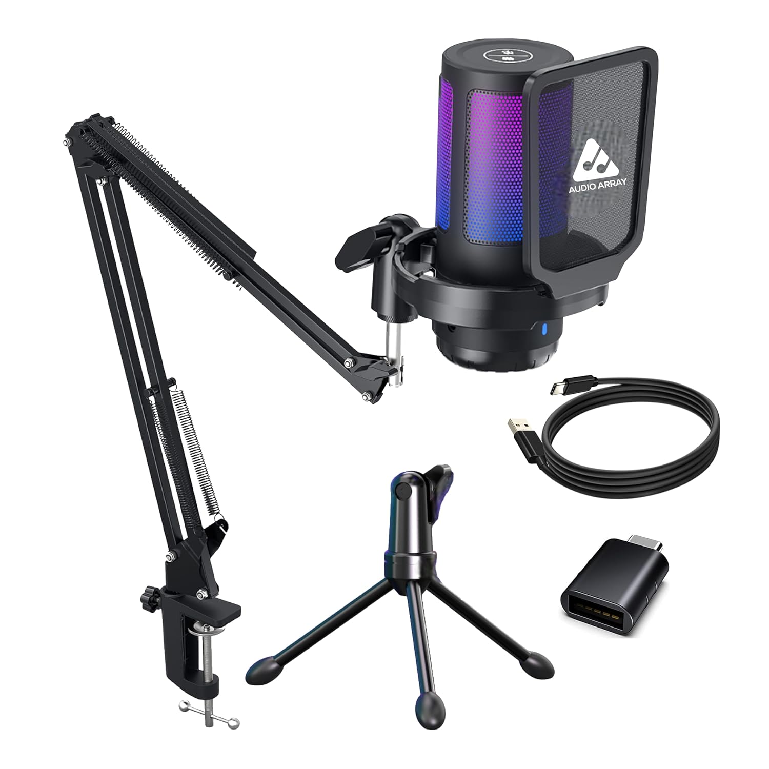 Audio Array AM-C46 Professional RGB USB Condenser Microphone Kit | Noise-Cancellation, Mute, Monitoring & Volume Controls | 192kHz/24bit Studio Quality | Gaming, Streaming, Podcast | Mac/PC/Mobile