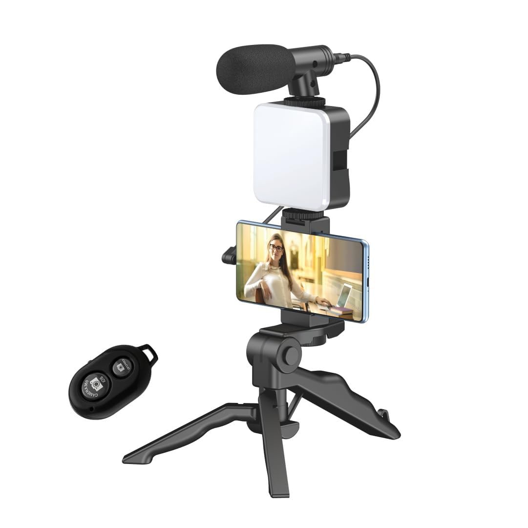 All in One Smartphone Video Recording Kit with LED Light Shotgun Microphone Tripod Stand & Bluetooth Remote Vlogging & Content Creation Kit for YouTube Reels TikTok & Live Streaming