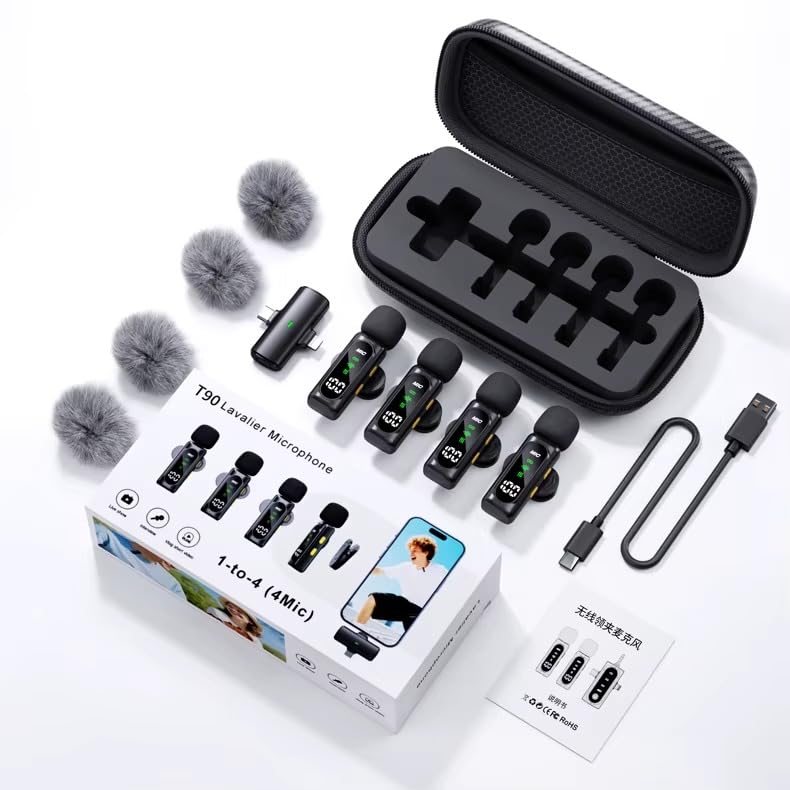 2026 Trending 4 in 1 Wireless Microphone, Noise Reduction Collar Mic with Charging Case, Wireless 4-Mic & 1 Receiver for Video Recording, YouTube, Facebook, Live Stream for All Type C Android & iPhone