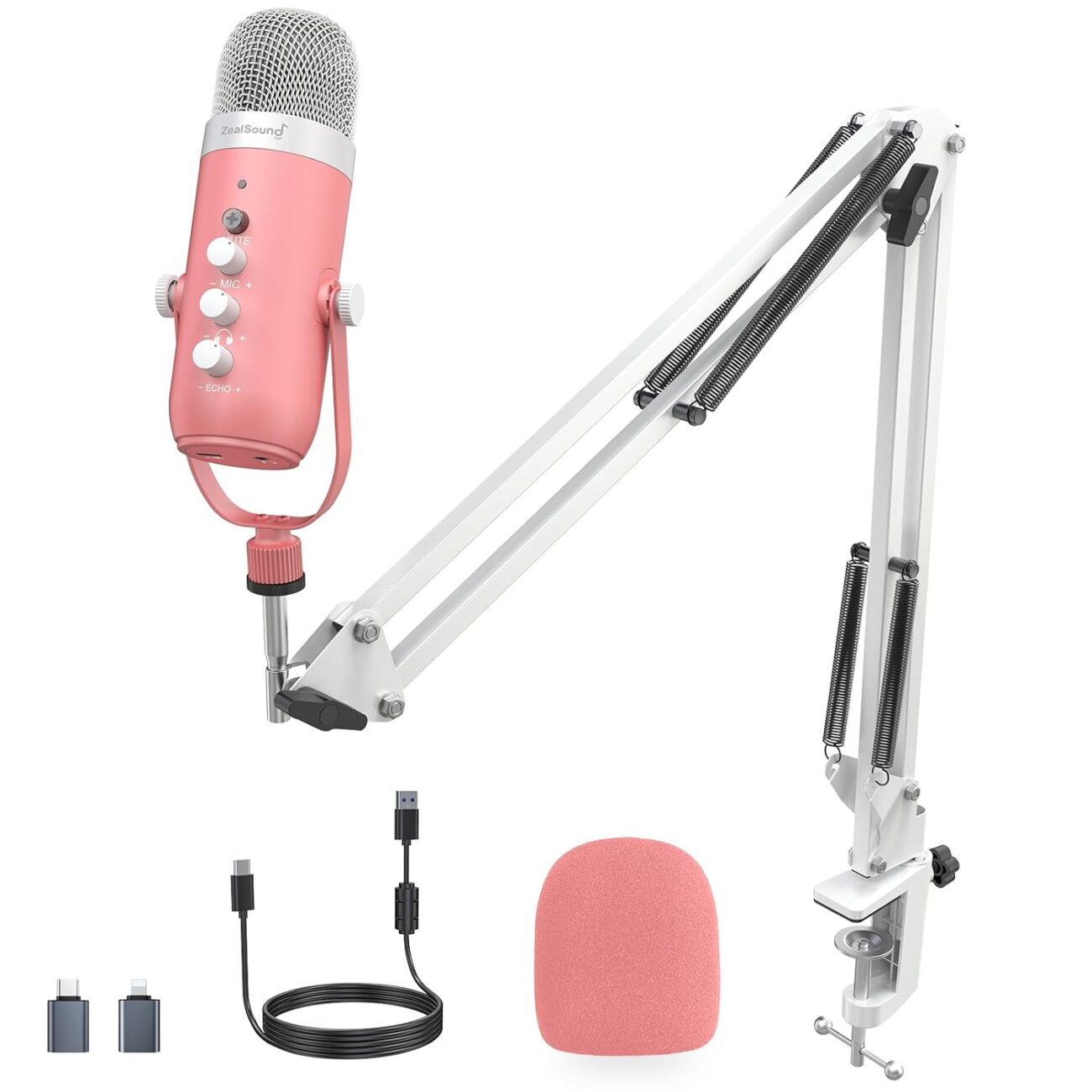 zealsound Gaming Condenser Microphone, Podcast Mic with Boom Arm for Phone/PC/PS4/PS5, USB Microphone for Recording/YouTube/Streaming, Headphone Output, Mute Button, Echo Volume Gain Control (Pink)