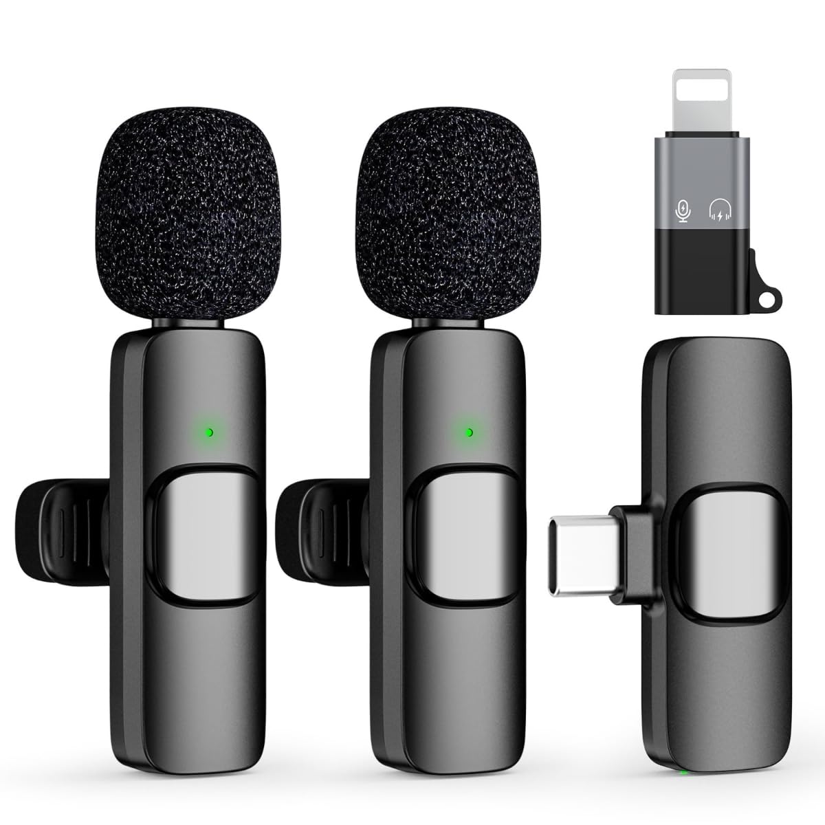GADGETSWEAR Dual Wireless Microphone Set for iPhone & Android – Clip-on Portable Mics with USB-C & Lightning Adapters, Perfect for Recording, Podcasting, YouTube, and Vlogging – Noise Cancelling