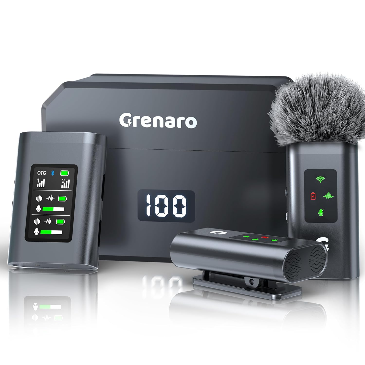 GRENARO Professional Noise Reduction Wireless Mic for YouTube with 30H Charing Case, Mic Wireless with Display Receiver and 100-meter Range, Receiver Compatible with Camera/iPhone/Android