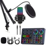 Professional Studio Condenser Microphone Kit Full Setup with Bluetooth Audio Mixer Sound Card for Recording Singing Voice Capturing YouTube Videos Interviews Mic (Black, F669 Model)