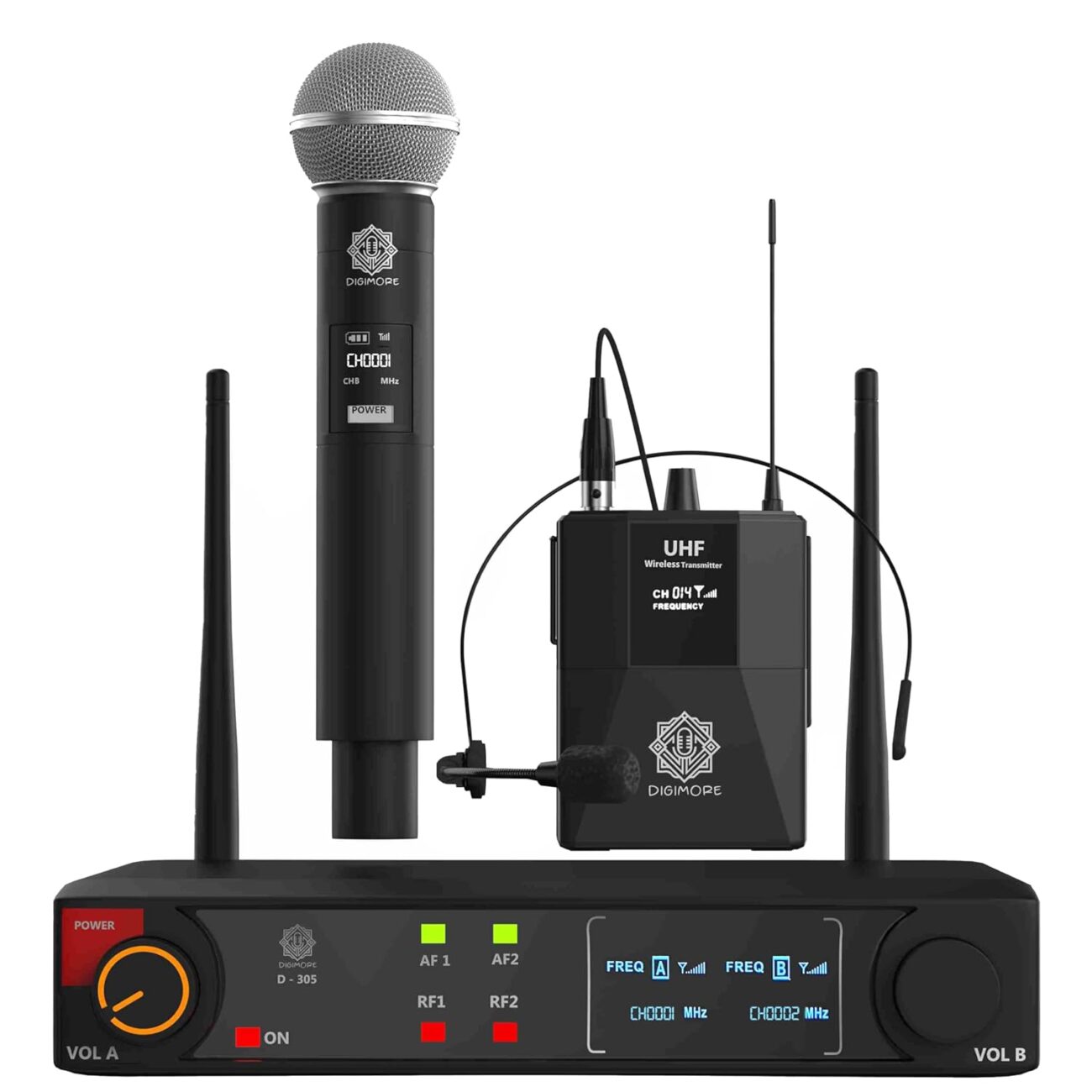 DIGIMORE Wireless Microphone System | Cardioid Pickup | 1 Hand + 1 Head Mic w 3-Pin Mini XLR | 197ft Range | Balanced XLR Outputs | Perfect for Stage, Events, Public Speaking & Worship (D-305 HL)